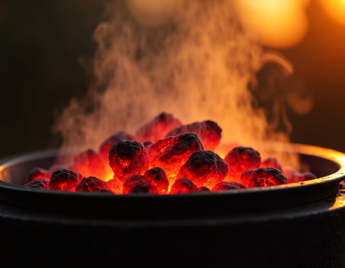 Chef grilling kebabs on a traditional Mangal with vibrant flames