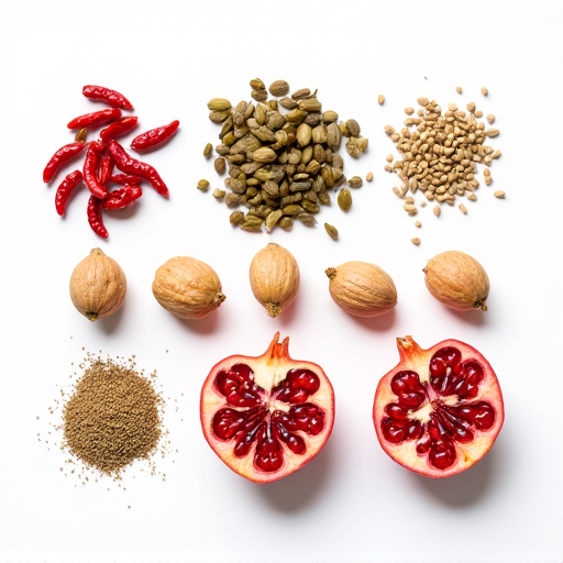 An intricately arranged assortment of Georgian spices including Khmeli Suneli, fresh pomegranates, and walnuts, showcasing the essential ingredients for Caucasian cuisine.